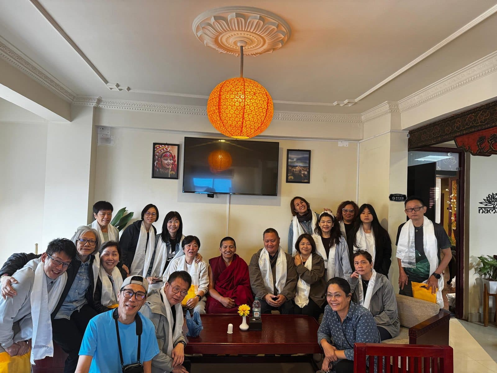 H.E. Khen Rinpoche with the sangha and khata offerings